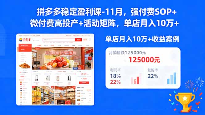 拼多多稳定盈利课-11月，强付费SOP+微付费高投产+活动矩阵，单店月入10万+网赚库-项目库-轻创网-中创网-福缘网-冒泡网-资源之家-魔方项目库网赚库