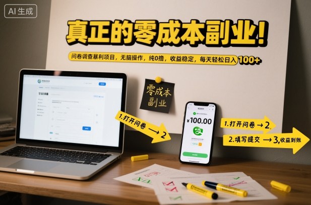 真正的零成本副业!问卷调查暴利项目,无脑操作,纯0撸,收益稳定,每天轻松日入100+【揭秘】网赚库-项目库-轻创网-中创网-福缘网-冒泡网-资源之家-魔方项目库网赚库