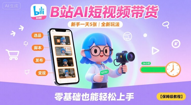 B站AI短视频带货，新手一天5张，全新玩法【保姆级教程】网赚库-项目库-轻创网-中创网-福缘网-冒泡网-资源之家-魔方项目库网赚库