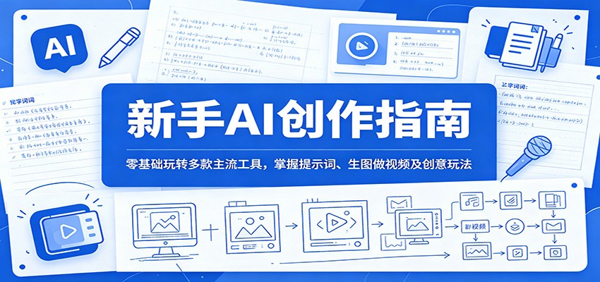 新手AI创作指南:零基础玩转多款主流工具,掌握提示词、生图做视频及创意玩法网赚库-项目库-轻创网-中创网-福缘网-冒泡网-资源之家-魔方项目库网赚库