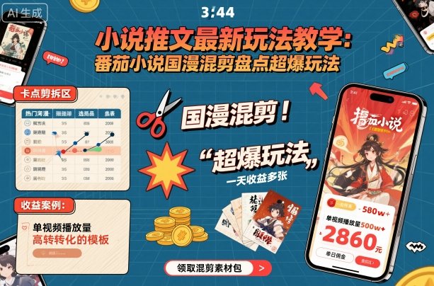 小说推文最新玩法教学，番茄小说国漫混剪盘点超爆玩法，全程干货，一天收益多张网赚库-项目库-轻创网-中创网-福缘网-冒泡网-资源之家-魔方项目库网赚库