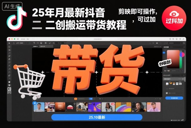 25年10月最新抖音二创搬运带货教程，剪映即可操作，可过抖加网赚库-项目库-轻创网-中创网-福缘网-冒泡网-资源之家-魔方项目库网赚库