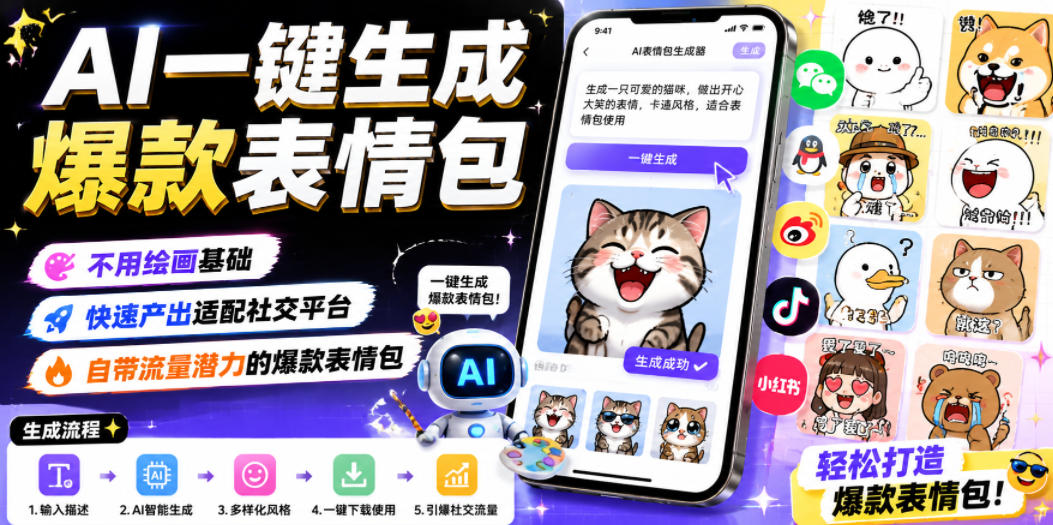 AI一键生成爆款表情包，不用绘画基础，快速产出适配社交平台，自带流量潜力的爆款表情包网赚库-项目库-轻创网-中创网-福缘网-冒泡网-资源之家-魔方项目库网赚库