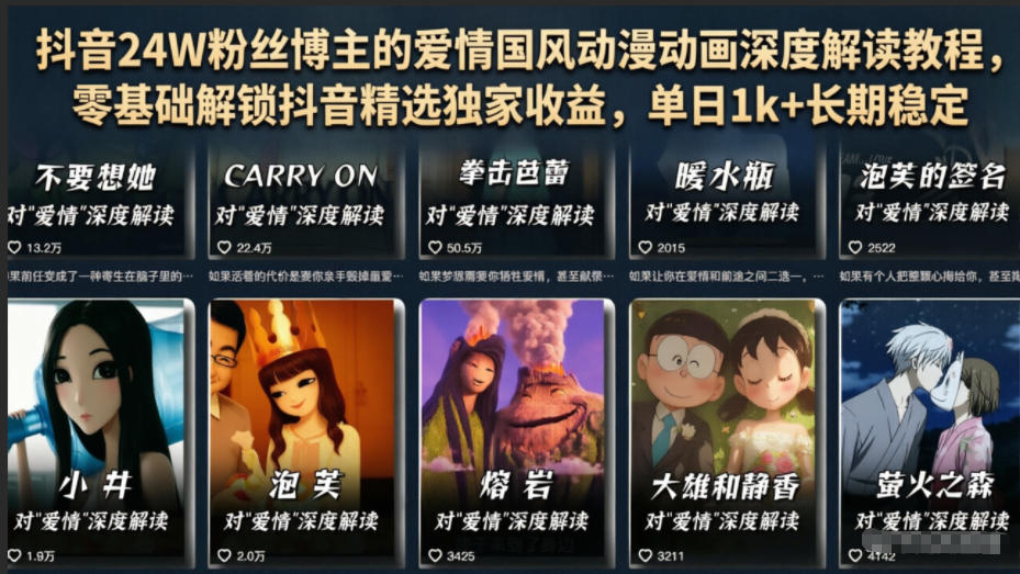 抖音24W粉丝博主的爱情国风动漫动画深度解读教程，零基础解锁抖音精选独家收益，单日1k+长期稳定网赚库-项目库-轻创网-中创网-福缘网-冒泡网-资源之家-魔方项目库网赚库