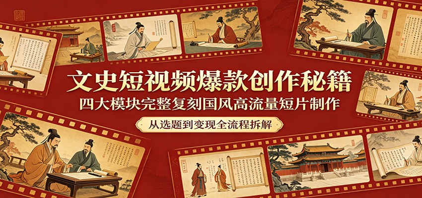 文史短视频爆款创作秘籍：四大模块完整复刻国风高流量短片制作网赚库-项目库-轻创网-中创网-福缘网-冒泡网-资源之家-魔方项目库网赚库