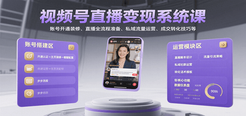 视频号直播变现系统课，账号开通装修、直播全流程准备、私域流量运营、成交转化技巧等网赚库-项目库-轻创网-中创网-福缘网-冒泡网-资源之家-魔方项目库网赚库