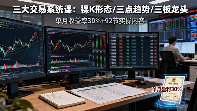 三大交易系统课：裸K形态/三点趋势/三板体系，单月收益率30%+92节实操内容网赚库-项目库-轻创网-中创网-福缘网-冒泡网-资源之家-魔方项目库网赚库
