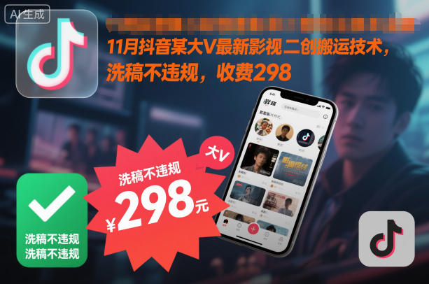 11月抖音某大V最新影视二创搬运技术，洗稿不违规，收费298网赚库-项目库-轻创网-中创网-福缘网-冒泡网-资源之家-魔方项目库网赚库