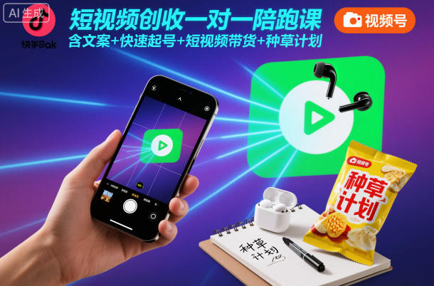 短视频创收一对一陪跑课，含文案+快速起号+短视频带货+种草计划网赚库-项目库-轻创网-中创网-福缘网-冒泡网-资源之家-魔方项目库网赚库