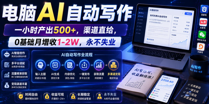 电脑AI自动写作，一小时产出500+，渠道直给，0基础月增收1-2W，永不失业【揭秘】网赚库-项目库-轻创网-中创网-福缘网-冒泡网-资源之家-魔方项目库网赚库