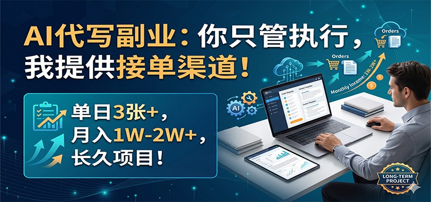 AI代写副业：你只管执行，我提供接单渠道！单日3张+，月入1W-2W+，长久项目网赚库-项目库-轻创网-中创网-福缘网-冒泡网-资源之家-魔方项目库网赚库