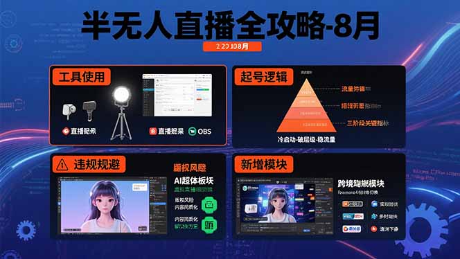 半无人直播全攻略-8月：工具使用+起号逻辑+违规规避,新增AI超体与跨境模块网赚库-项目库-轻创网-中创网-福缘网-冒泡网-资源之家-魔方项目库网赚库