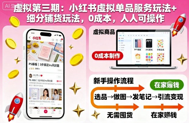 虚拟第三期：小红书虚拟单品服务玩法+细分铺货玩法，0成本，人人可操作网赚库-项目库-轻创网-中创网-福缘网-冒泡网-资源之家-魔方项目库网赚库
