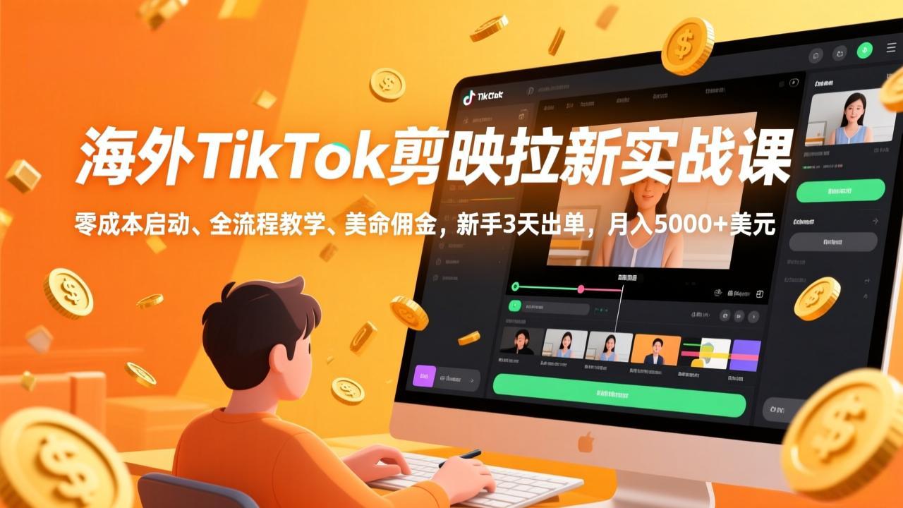 海外TikTok剪映拉新实战课，零成本启动、全流程教学、美金佣金，新手3天出单，月入5000+美元网赚库-项目库-轻创网-中创网-福缘网-冒泡网-资源之家-魔方项目库网赚库