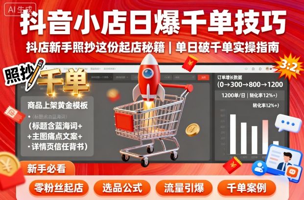 抖音小店日爆千单技巧，抖店新手照抄这份起店秘籍，单日破千单网赚库-项目库-轻创网-中创网-福缘网-冒泡网-资源之家-魔方项目库网赚库