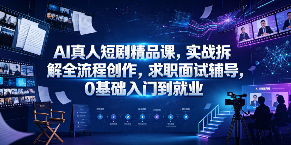 AI真人短剧精品课，实战拆解全流程创作，求职面试辅导，0基础入门到就业网赚库-项目库-轻创网-中创网-福缘网-冒泡网-资源之家-魔方项目库网赚库