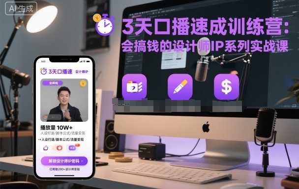 3天口播速成训练营，会搞钱的设计师IP系列实战课网赚库-项目库-轻创网-中创网-福缘网-冒泡网-资源之家-魔方项目库网赚库