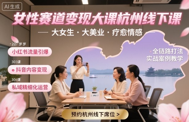 女性赛道变现大课杭州线下，大女生，大美业，疗愈情感，一套小红书、抖音、私域全链路打法网赚库-项目库-轻创网-中创网-福缘网-冒泡网-资源之家-魔方项目库网赚库
