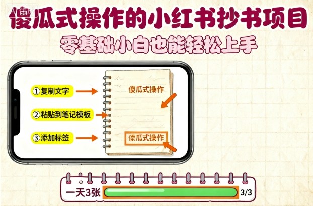 傻瓜式操作的小红书抄书项目，会复制粘贴就行，零基础小白也能一天3张网赚库-项目库-轻创网-中创网-福缘网-冒泡网-资源之家-魔方项目库网赚库
