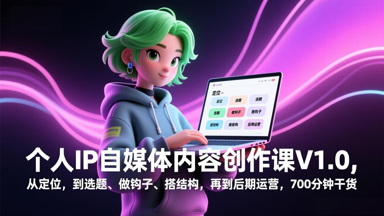 个人IP自媒体内容创作课V1.0，从定位，到选题、做钩子、搭结构，再到后期运营，700分钟干货网赚库-项目库-轻创网-中创网-福缘网-冒泡网-资源之家-魔方项目库网赚库
