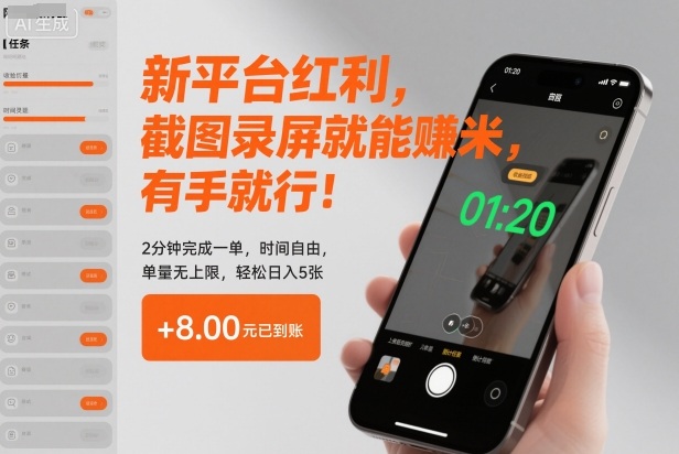 新平台红利，截图录屏就能賺米，有手就行！2分钟完成一单，时间自由，单量无上限，轻松日入5张【揭秘】网赚库-项目库-轻创网-中创网-福缘网-冒泡网-资源之家-魔方项目库网赚库