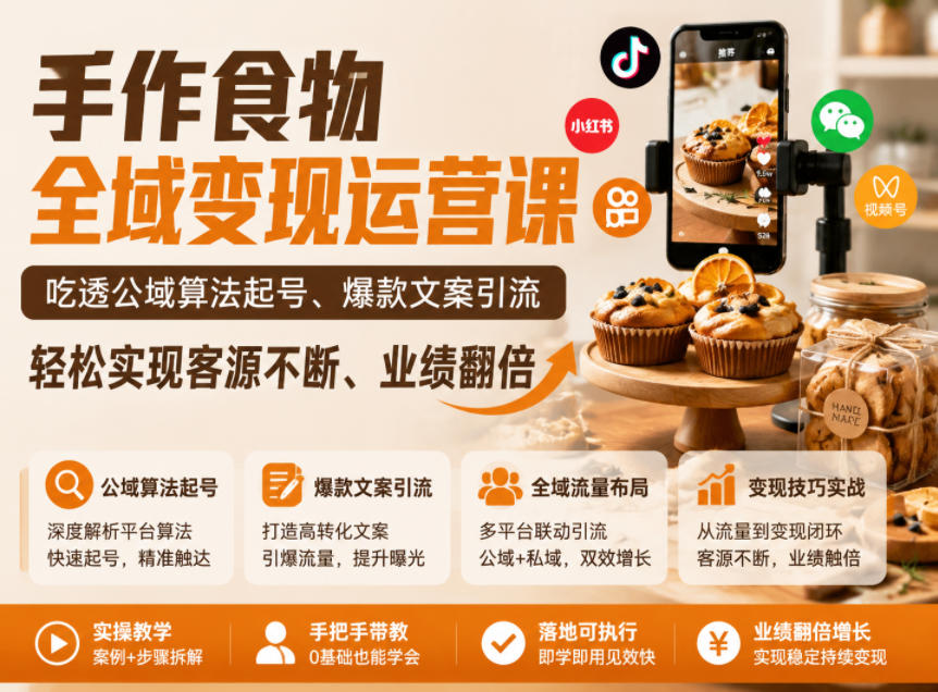 手作食物全域变现运营课，吃透公域算法起号、爆款文案引流，轻松实现客源不断、业绩翻倍网赚库-项目库-轻创网-中创网-福缘网-冒泡网-资源之家-魔方项目库网赚库