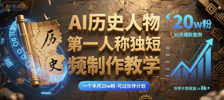 最新AI历史人物第一人称独白短视频制作教学，一个半月20w粉，可过伙伴计划网赚库-项目库-轻创网-中创网-福缘网-冒泡网-资源之家-魔方项目库网赚库