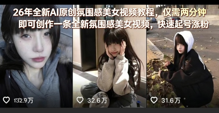 26年全新AI原创氛围感美女视频教程，仅需两分钟即可创作一条全新氛围感美女视频，快速起号涨粉网赚库-项目库-轻创网-中创网-福缘网-冒泡网-资源之家-魔方项目库网赚库