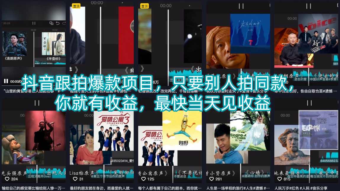 抖音跟拍爆款项目，只要别人拍同款，你就有收益，最快当天见收益网赚库-项目库-轻创网-中创网-福缘网-冒泡网-资源之家-魔方项目库网赚库