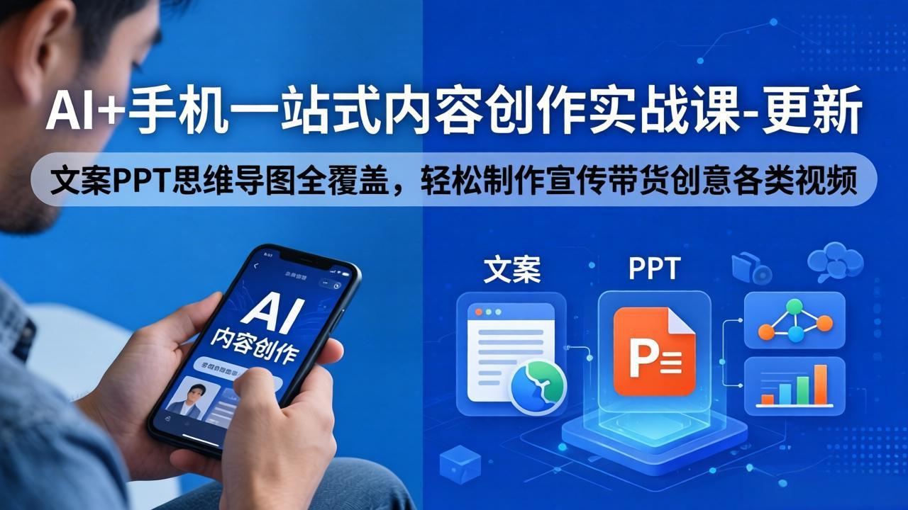 AI+手机一站式内容创作实战课-更新，文案PPT思维导图全覆盖，轻松制作宣传带货创意各类视频网赚库-项目库-轻创网-中创网-福缘网-冒泡网-资源之家-魔方项目库网赚库