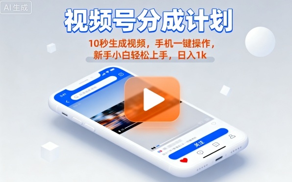 视频号分成计划懒人玩法，10秒生成视频，手机一键操作，新手小白轻松上手，日入1K【揭秘】网赚库-项目库-轻创网-中创网-福缘网-冒泡网-资源之家-魔方项目库网赚库