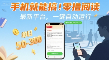 手机就能搞！零撸阅读挂G，最新平台，一键自动运行，随时随地挣，单日50-3张+【揭秘】网赚库-项目库-轻创网-中创网-福缘网-冒泡网-资源之家-魔方项目库网赚库