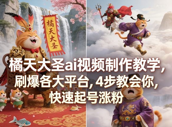 橘天大圣ai视频制作教学，刷爆各大平台，4步教会你，快速起号涨粉网赚库-项目库-轻创网-中创网-福缘网-冒泡网-资源之家-魔方项目库网赚库