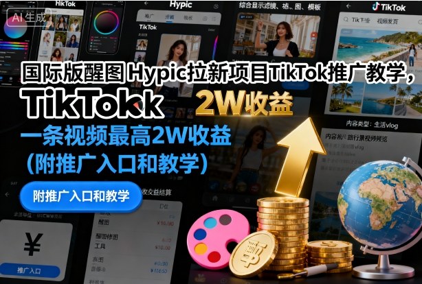 国际版醒图Hypic拉新项目TikTok推广教学，一条视频最高2W收益(附推广入口和教学)网赚库-项目库-轻创网-中创网-福缘网-冒泡网-资源之家-魔方项目库网赚库