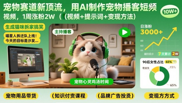 宠物赛道新顶流，用AI制作宠物播客短视频，1周涨粉2W(视频+提示词+变现方法)网赚库-项目库-轻创网-中创网-福缘网-冒泡网-资源之家-魔方项目库网赚库