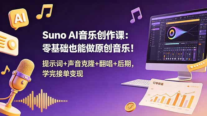 Suno AI音乐创作课：零基础也能做原创音乐！提示词+声音克隆+翻唱+后期，学完接单变现网赚库-项目库-轻创网-中创网-福缘网-冒泡网-资源之家-魔方项目库网赚库