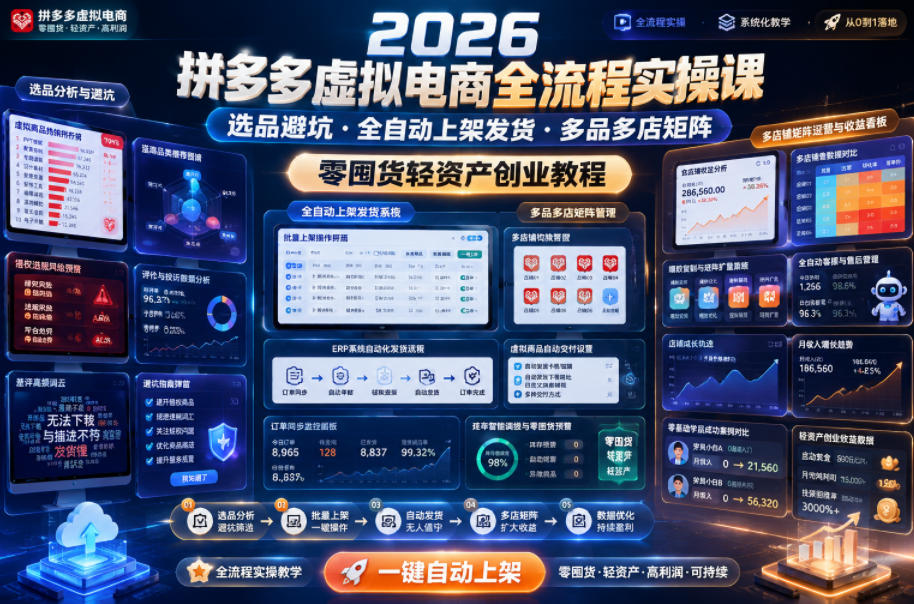 2026拼多多虚拟电商全流程实操课，选品避坑・全自动上架发货・多品多店矩阵，零囤货轻资产创业教程网赚库-项目库-轻创网-中创网-福缘网-冒泡网-资源之家-魔方项目库网赚库