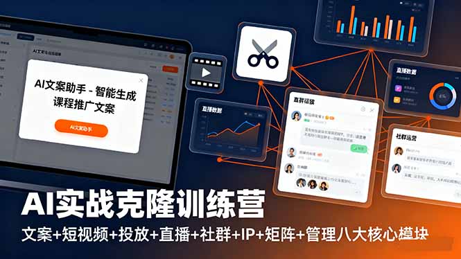 AI实战克隆训练营：文案+短视频+投放+直播+社群+IP+矩阵+管理八大核心模块网赚库-项目库-轻创网-中创网-福缘网-冒泡网-资源之家-魔方项目库网赚库