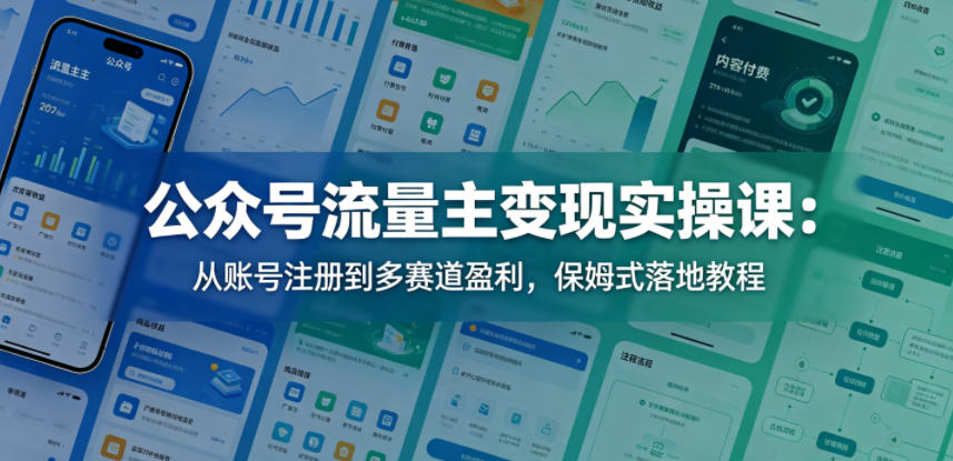 公众号流量主变现实操课:从账号注册到多赛道盈利,保姆式落地教程网赚库-项目库-轻创网-中创网-福缘网-冒泡网-资源之家-魔方项目库网赚库