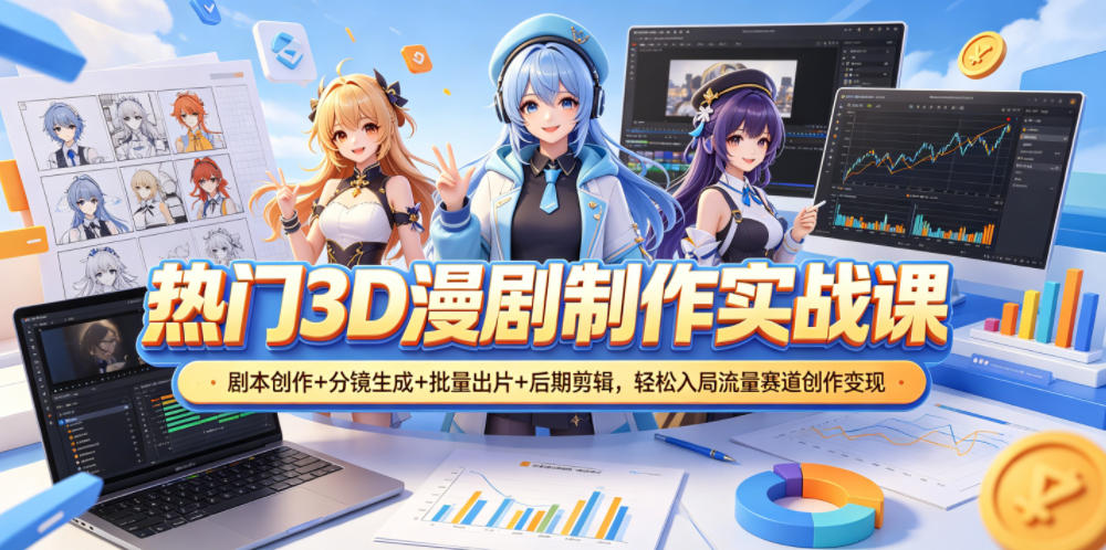 热门3D漫剧制作实战课，剧本创作+分镜生成+批量出片+后期剪辑，轻松入局流量赛道创作变现网赚库-项目库-轻创网-中创网-福缘网-冒泡网-资源之家-魔方项目库网赚库