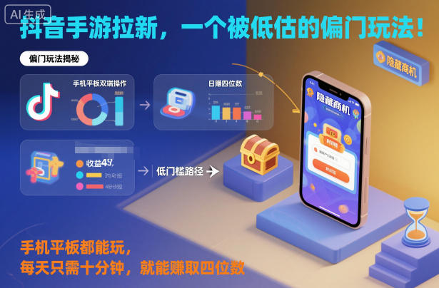 抖音手游拉新，一个被低估的偏门玩法！手机平板都能玩，每天只需十分钟，就能賺取四位数【揭秘】网赚库-项目库-轻创网-中创网-福缘网-冒泡网-资源之家-魔方项目库网赚库
