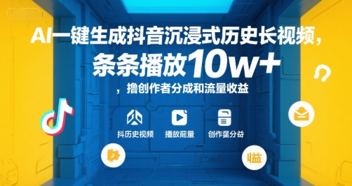 AI一键生成抖音沉浸式历史长视频，条条播放10w+，撸创作者分成和流量收益【揭秘】网赚库-项目库-轻创网-中创网-福缘网-冒泡网-资源之家-魔方项目库网赚库