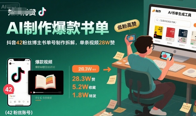 AI制作爆款书单，抖音42粉丝博主书单号制作拆解，单条视频28W赞网赚库-项目库-轻创网-中创网-福缘网-冒泡网-资源之家-魔方项目库网赚库
