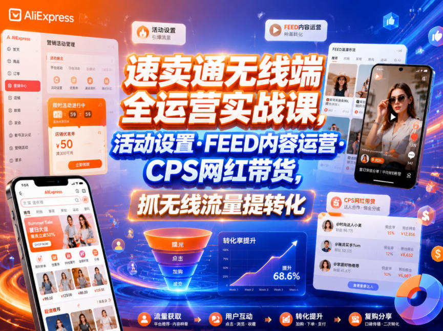 速卖通无线端全运营实战课，活动设置・FEED内容运营・CPS网红带货，抓无线流量提转化网赚库-项目库-轻创网-中创网-福缘网-冒泡网-资源之家-魔方项目库网赚库