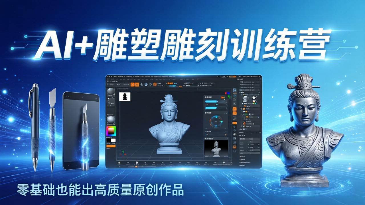 AI+雕塑雕刻训练营：从AI创作、大模型训练到3D雕刻 + 渲染，零基础也能出高质量原创作品网赚库-项目库-轻创网-中创网-福缘网-冒泡网-资源之家-魔方项目库网赚库