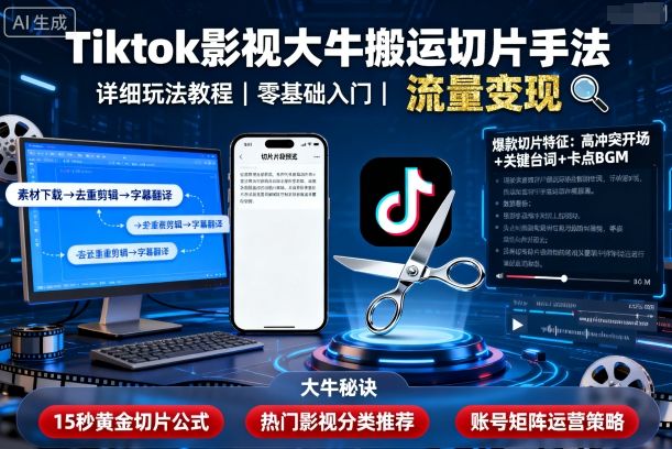 Tiktok影视大牛搬运切片手法，详细玩法教程网赚库-项目库-轻创网-中创网-福缘网-冒泡网-资源之家-魔方项目库网赚库