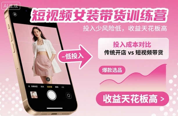 短视频女装带货训练营，投入少风险低，收益天花板高网赚库-项目库-轻创网-中创网-福缘网-冒泡网-资源之家-魔方项目库网赚库