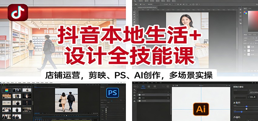 抖音本地生活+设计全技能课：店铺运营，剪映、PS、AI创作，多场景实操网赚库-项目库-轻创网-中创网-福缘网-冒泡网-资源之家-魔方项目库网赚库