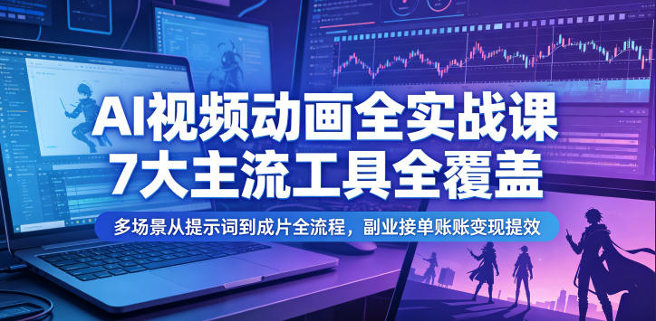 AI视频动画全实战课，7大主流工具全覆盖，多场景从提示词到成片全流程，副业接单账号变现提效网赚库-项目库-轻创网-中创网-福缘网-冒泡网-资源之家-魔方项目库网赚库