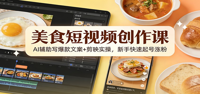美食短视频创作课：AI辅助写爆款文案+剪映实操，新手快速起号涨粉网赚库-项目库-轻创网-中创网-福缘网-冒泡网-资源之家-魔方项目库网赚库